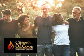 Citizen Oil Co-op logo overtop an image of happy neighbors group hugging